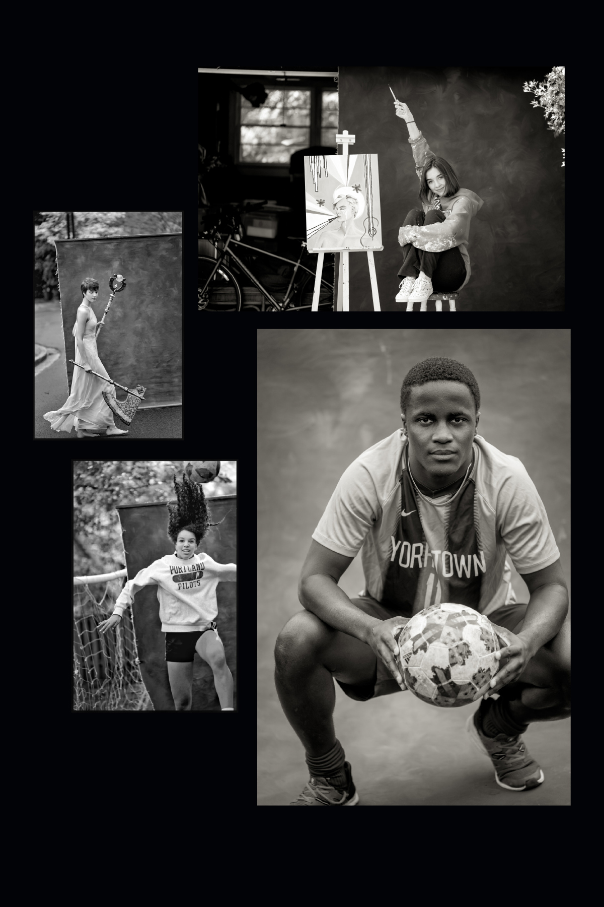 Portraits of Yorktown High School students, clockwise from top left: Tara Hall, Charlotte Baxter, Pius Atubire and Camille Ashe.