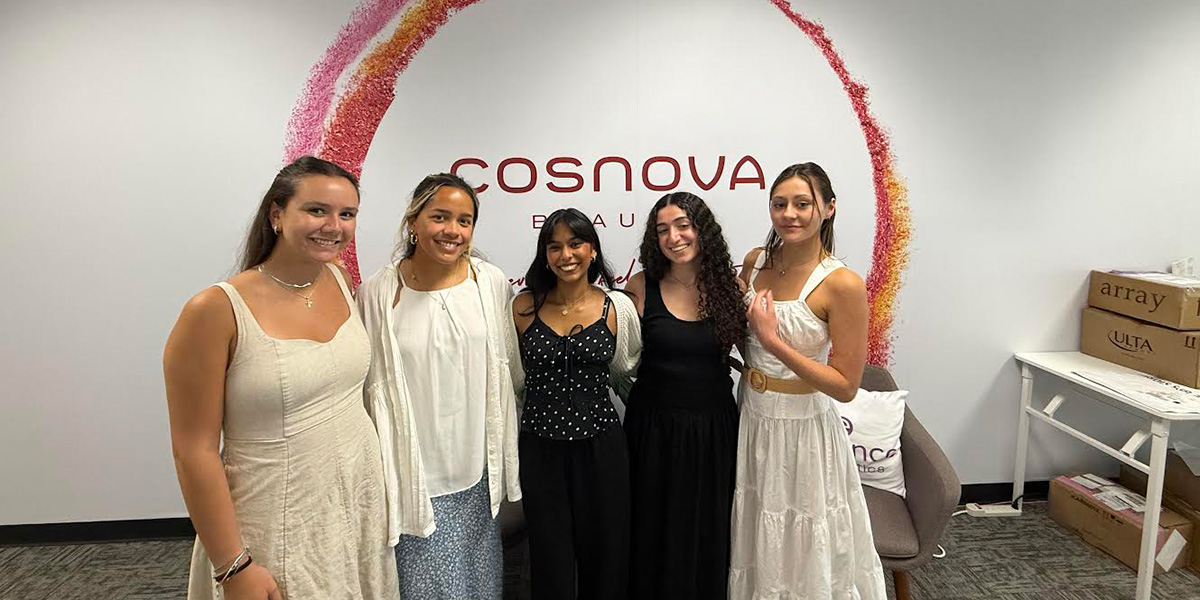 Binghamton University School of Management graduate student Olivia Ugarte '25 (second from left) went behind the scenes in the cosmetics industry with her team at Cosnova Beauty.