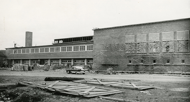 Groundbreaking at the Vestal campus took place in 1954, but construction of the East Gym would not begin for another two years. The construction is seen here in 1957, a year before the building opened.