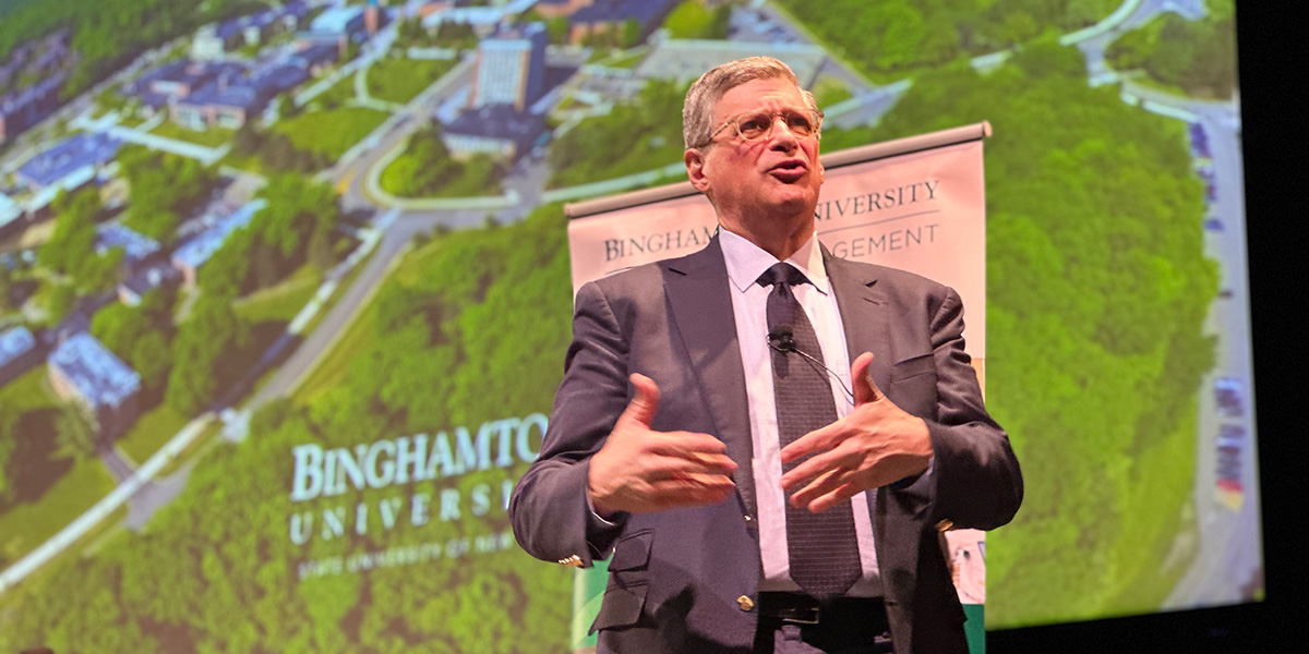 Owen Pell ’80, LLD ’11, speaks to Binghamton University School of Management students at the Anderson Center Osterhout Concert Theater on Wednesday, Oct. 15, 2025, for the 36th annual Abraham J. Briloff Lecture on Accountability and Society. Pell examined why companies struggle to properly address issues surrounding ethical or long-term environmental and social problems, and methods that have helped companies overcome this challenge.