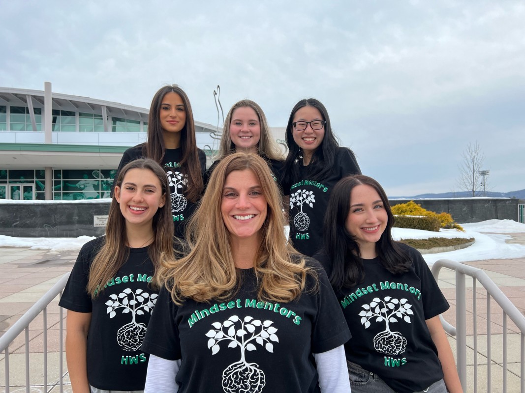 The Mindset Mentors are Binghamton students who encourage fellow students to think positively and be resilient. Pictured in front center is Health and Wellness Studies Lecturer Jennifer Wegmann, who leads the group. The members (left to right, center row) are Eva Vazquez and Julia McGovern, (left to right, back row) Nina Brown, Abby Terrill and Danielle Chan.