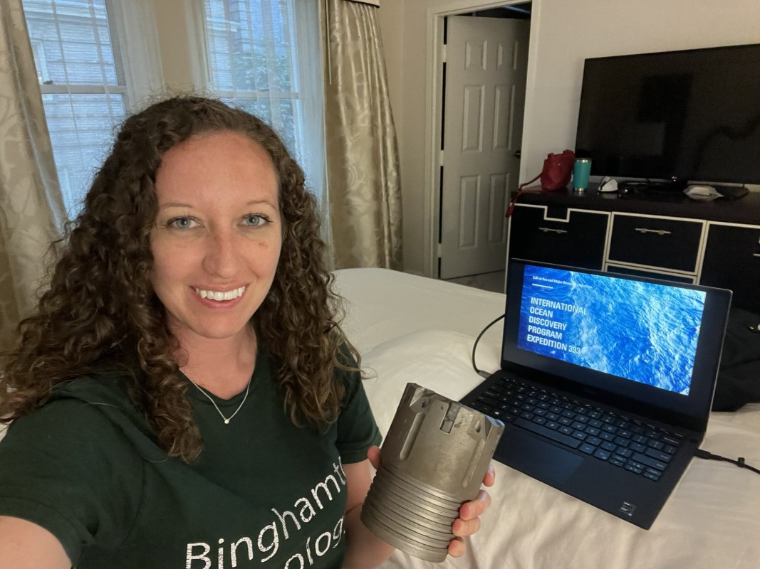 Paleontologist Adriane Lam takes part in a Zoom conference with an adult education class in Massachusetts, where she discussed the role that shore-bound scientists play in research with the International Ocean Discovery Program.