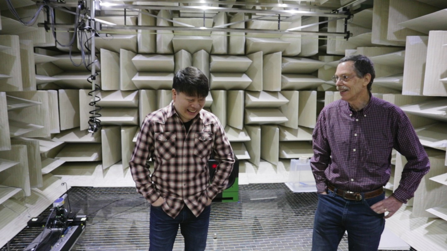 PhD student Junpeng Lai and Distinguished Professor Ron Miles conducted research on orb-weaving spiders at Binghamton University's anechoic chamber, a completely soundproof room under the Innovative Technologies Complex.