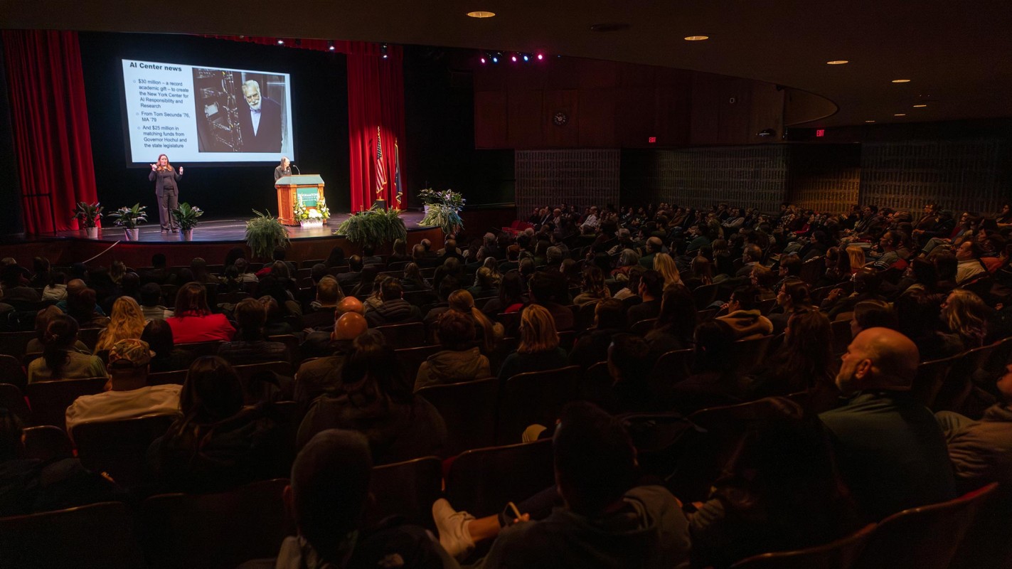 A crowd of more than 100 faculty, staff and local representatives was in attendance for President Anne D'Alleva's first State of the University address.