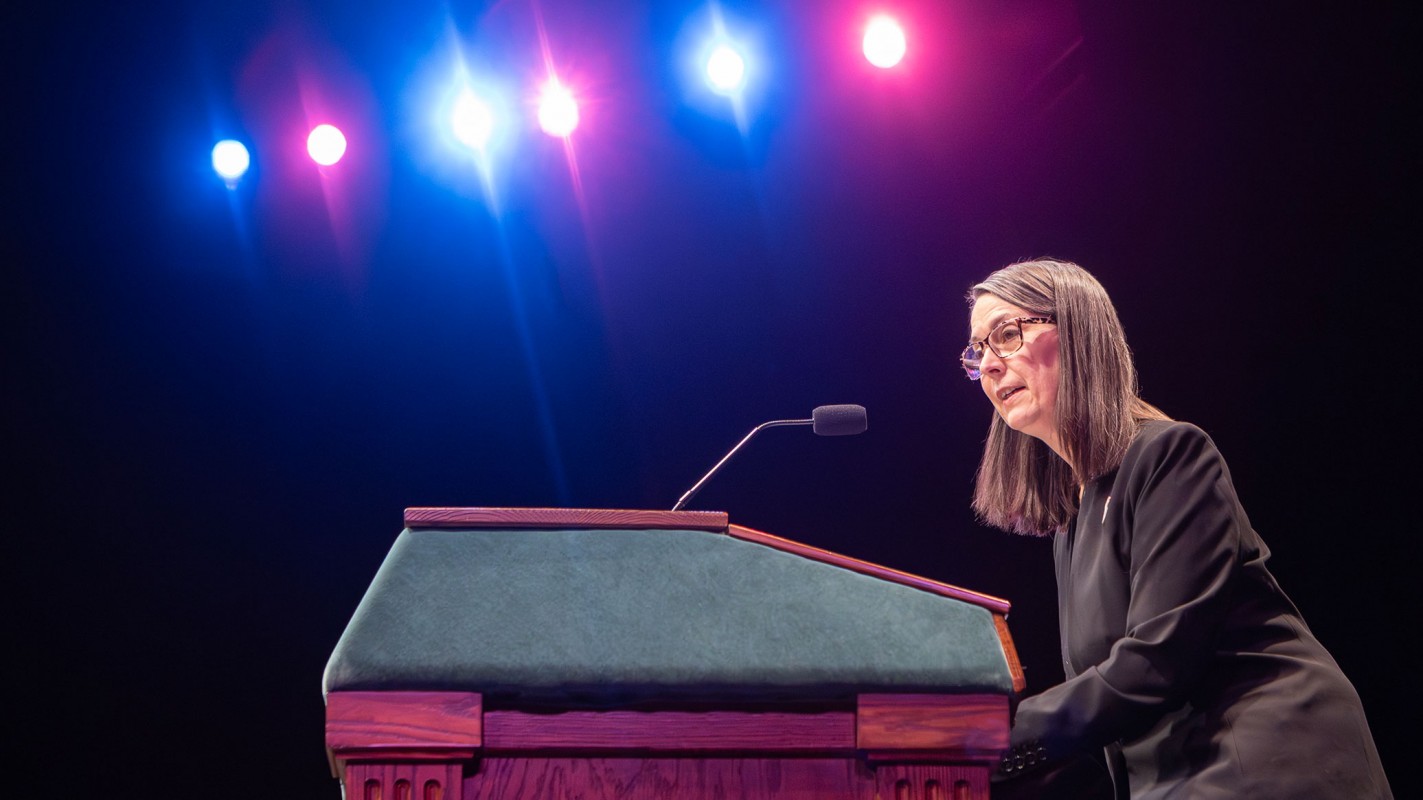 Binghamton University President Anne D'Alleva addressing the crowd during her first State of the University address on Friday, Jan. 23, in Watters Theater on the University’s Vestal campus.