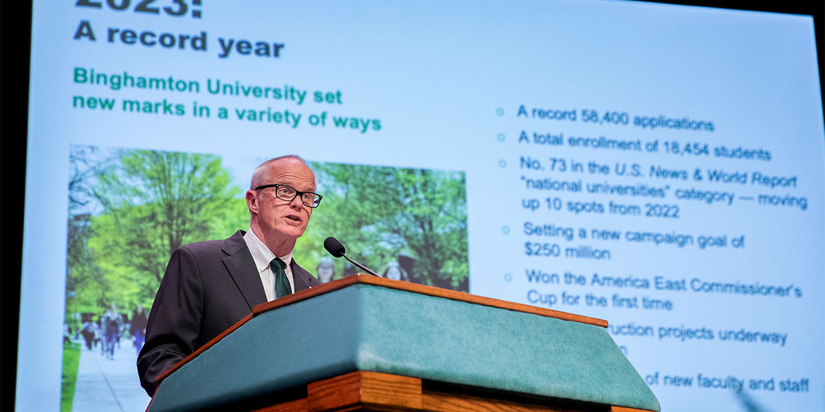 President Harvey Stenger speaks to faculty, staff and students during the 2024 State of the University address on Thursday afternoon in the Watters Theater.