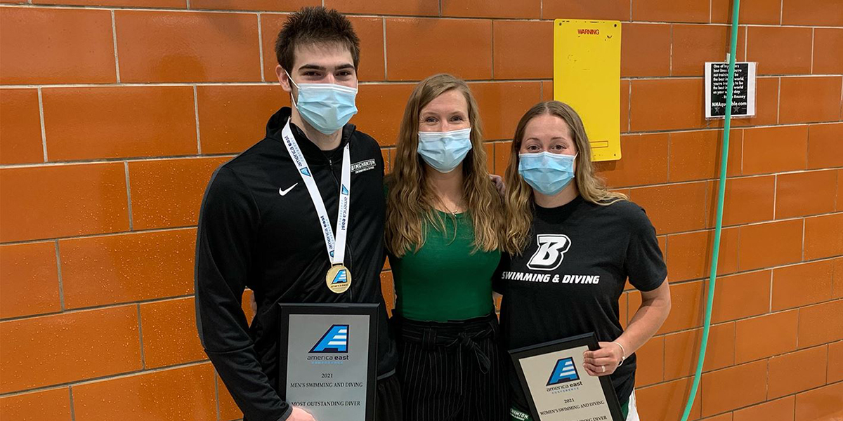 David Walters and Sophia Howard, right, picutred here with head diving coach Heather Colby, were named Most Outstanding Performers at the America East Diving Championships on Sunday, April 18.