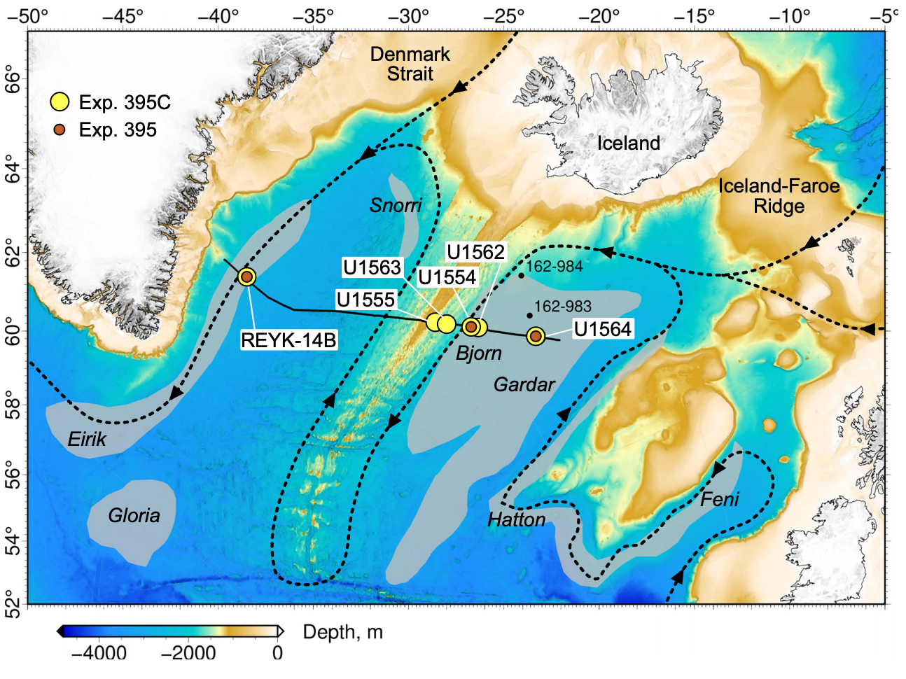 The trajectory of International Ocean Discovery Program (IODP) research expedition 395 during the summer of 2023.