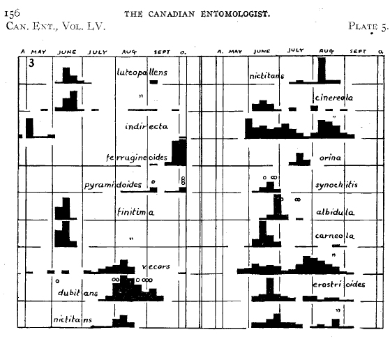 One of the hand-drawn barplots of a 1920s experiment that involved the collection of moth species on the Cornell campus.
