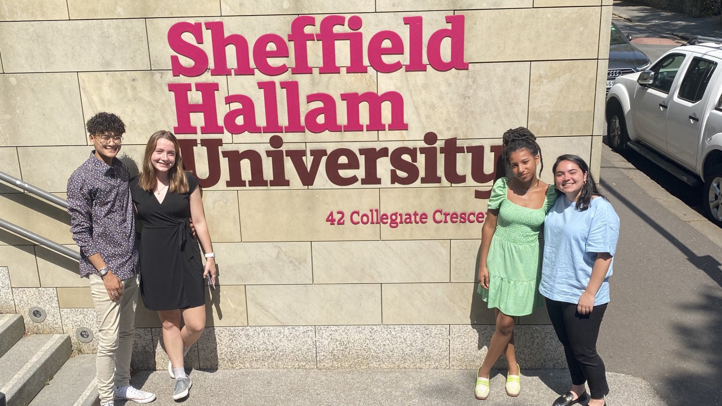 Summer 2022 public law interns at Sheffield Hallam University, left to right: Panuwat Khamhaeng ’22, Olivia Vinson ’23, Grace Henderson ‘23 and Maya Tierney ’22