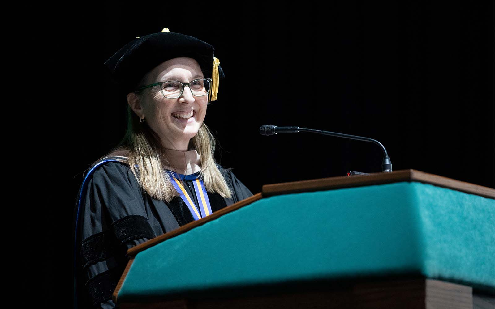Binghamton University School of Management Dean Shelley Dionne speaks to the Class of 2023 during the Commencement ceremony Sunday, May 14, 2023.