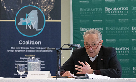 U.S. Sen. Charles Schumer visited Binghamton University in October 2022 for a discussion about New Energy New York.