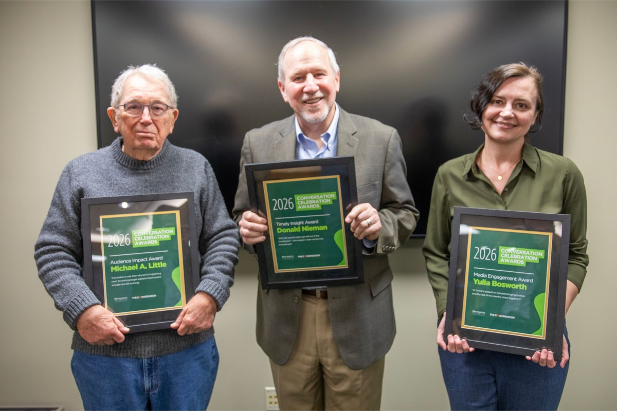 (Left to right) Distinguished Professor Emeritus of Anthropology Michael Little, Professor of History Donald Nieman, Associate Professor of Linguistics and French Linguistics Yulia Bosworth.