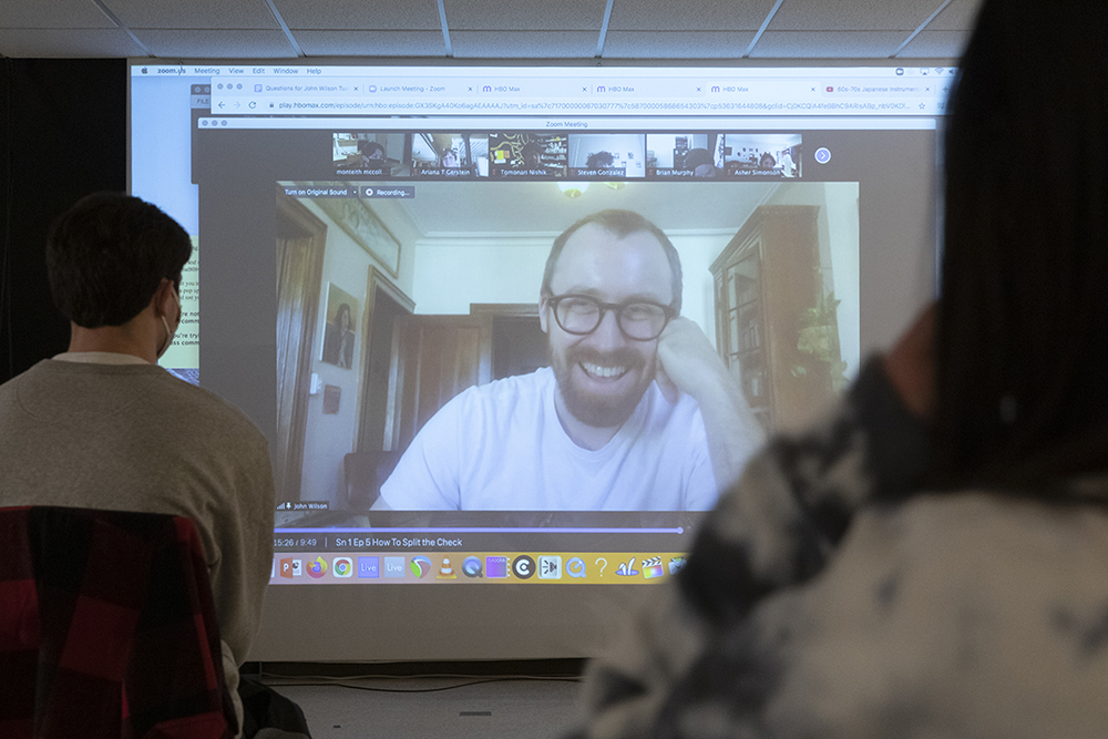 John Wilson '08 takes part in a Zoom session in March in an Advanced Film and Videomaking class led by one of his former cinema professors, Monteith McCollum.