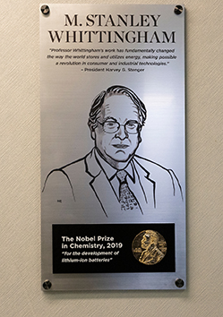 A tribute to M. Stanley Whittingham in the lobby of the Couper Administration Building.