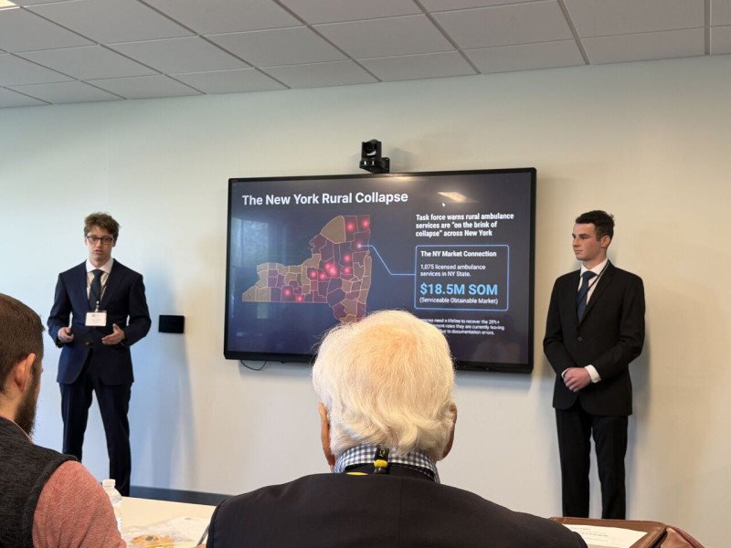 Yoav Reshef ’27 and Joshua Ackerman ’27 present during the NY Business Plan Competition.