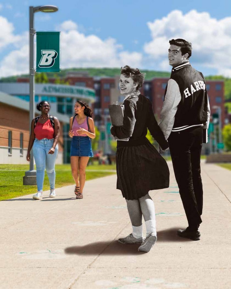 At left, Harpur College students Brooke Pagano and Hephzibah Oluwanusi walk near the Admissions Center. At right, two students photographed for a Parents Weekend brochure cover in 1962.