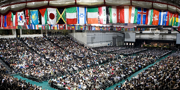 Internationalization, as demonstrated by the flags flown each year during Commencement, is critical to Binghamton University's success.