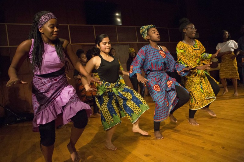 Nukporfe African Dance-Drumming Ensemble performs at the Mid-Day Concert at Casadesus Recital Hall, Thursday, November 12, 2015.