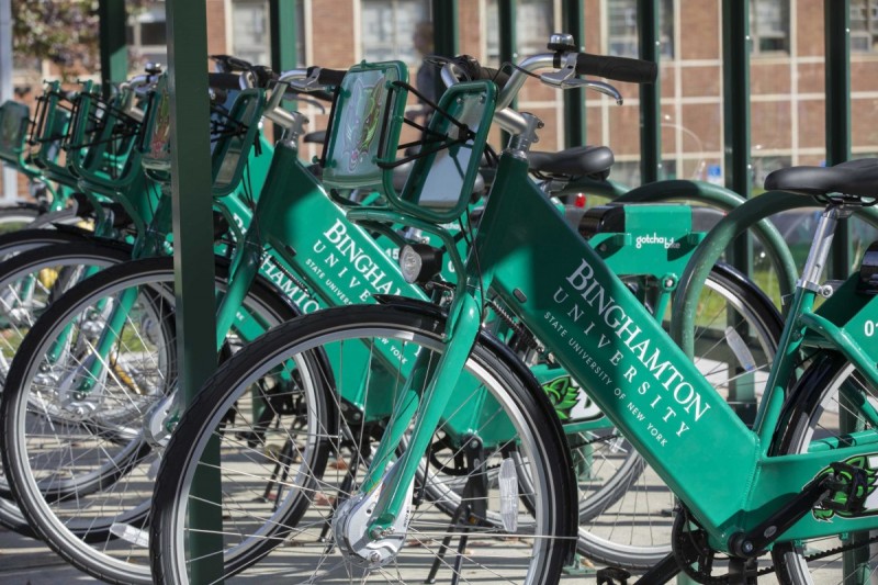 Bicycles that are part of the bike share program, Gotcha Bike, parked near Lecture Hall, October 27, 2017.