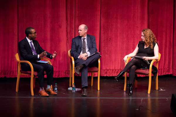 From left to right: Jermel McClure, Student Assocation president; Jonathan Karp, associate professor of Judaic Studies and chair of the Faculty Senate; and Suzanne Nossel, executive director of PEN America, participate in a discussion on the First Amendment.