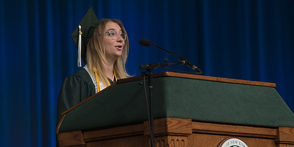 Tamar Ashdot-Bari speaks at a 2017 Harpur College of Arts and Sciences Commencement ceremony.