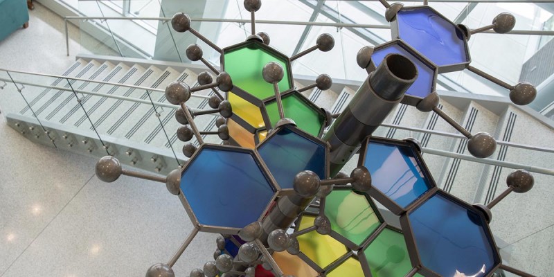 The sculpture of a caffeine molecule in the atrium of the School of Pharmacy and Pharmaceutical Sciences.