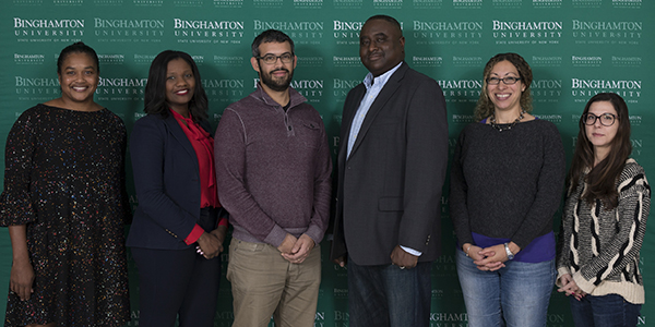 The Presidential Diversity Research Grant recipient include, from left, Miesha Marzell, social work; Patricia Lespinasse, Africana studies; Marvin Diaz, psychology; Christopher Greene, systems science and industrial engineering; Elizabeth DiGangi, anthropology; and Sandra Casanova-Vizcaino, Romance languages No pictured: Louisa Holmes, geography, and Giovanna Montenegro, comparative literature and Romance languages.