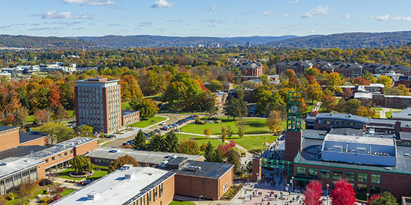 The clock tower and Peace Quad, looking east toward the City of Binghamton, taken from the Glenn G. Bartle Library tower Oct. 31.
