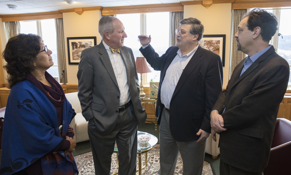 Alumnus Owen Pell, second from right, president of the board of directors of the Auschwitz Institute for Peace and Reconciliation, speaks with I-GMAP co-directors Nadia Rubaii and Max Pensky, right, and Provost Donald Nieman.
