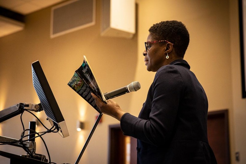 Anne Bailey, professor of history and Africana studies, reads from her recent book, The Weeping Time: Memory and the Largest Slave Auction in American History at the Harpur Dean's Distinguished Lecture in February 2019.