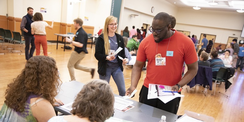 The bureaucracy of poverty event, held for School of Pharmacy and Pharmaceutical Sciences, Decker College of Nursing and Health Sciences and Master of Social Work students at the Mandela Room in the University Union, April 24, 2019. Pictured here, SOPPS student Chinedum Obiora. The simulation will be conducted virtually this semester.
