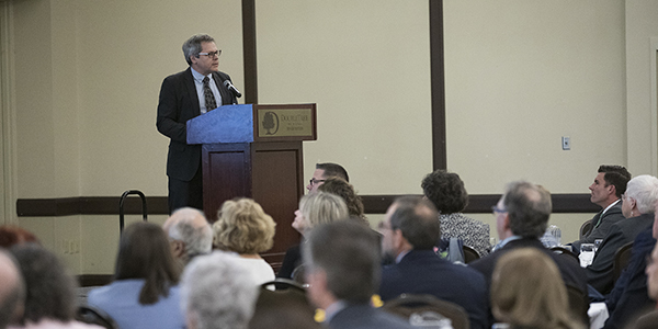 Eric Hoffman, professor and associate dean for research at Binghamton University's School of Pharmacy and Pharmaceutical Sciences, speaks to the Binghamton University Forum.