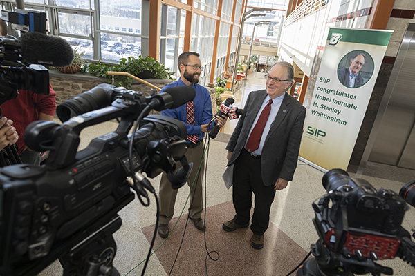 Nobel Laureate M. Stanley Whittingham, distinguished professor of chemistry and materials science, speaks to the media the day before leaving for Stockholm to accept his Nobel Prize.