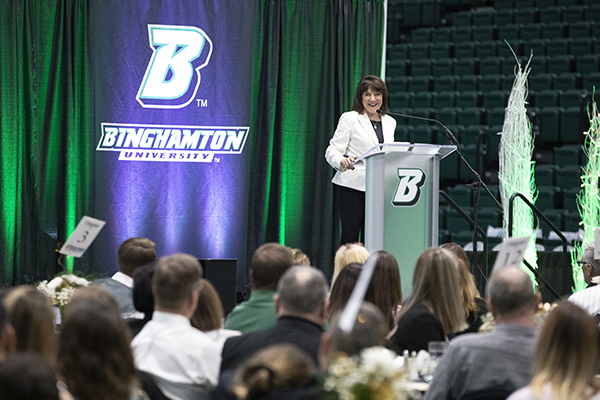 Radio sports broadcaster Suzyn Waldman addressed a sold-out crowd of more than 800 at the 15th Annual Celebrating Women's Athletics Luncheon at the Binghamton University Events Center on Jan. 27.