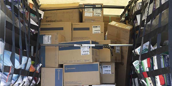 A truckload of personal protective equipment and other supplies donated to the Broome County Emergency Operations Center by departments and schools across the Binghamton University campus. The supplies will be sent to where there is greatest need in the county.