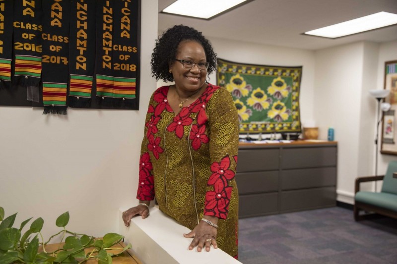 Titilayo Okoror, chair of Africana Studies, in her department’s office in the Glenn G. Bartle Library.