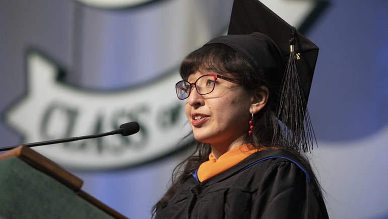 Erika Solano Diaz, who earned her master’s degree in biomedical engineering, speaks during Watson College's virtual Commencement ceremony for the Class of 2020.