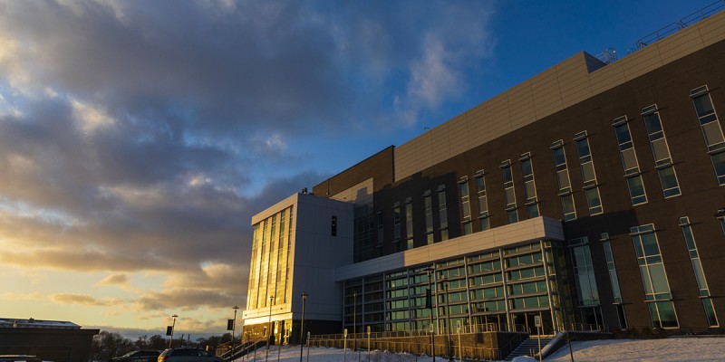 The Binghamton University School of Pharmacy and Pharmaceutical Sciences at sunset.