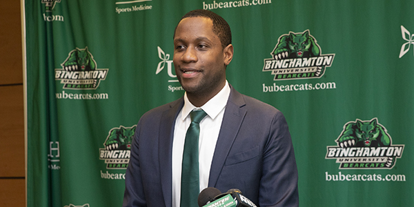Levell Sanders meets with the media after being appointed interim head men's basketball coach at Binghamton University.
