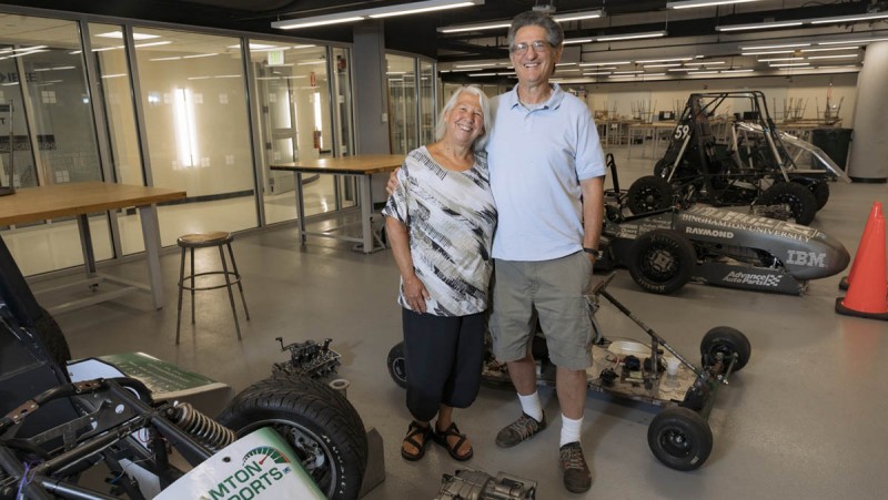 Diana Lee Morabito ’77, MS ’80, and Keith Ball, MS ’80, received a tour of the Engineering Building's new Fabrication Lab during a visit to campus earlier this year.