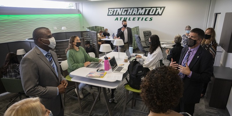 President Harvey Stenger, Vice President for Advancement John Koch, Interim Director of Athletics Dennis Kalina and Tyrone Muse, president and CEO of Visions Federal Credit Union officially opened the Visions Federal Credit Union Center for Student-Athlete Excellence at the West Gym, Sept. 28. Pictured here, Kalina, right, and Muse, left, tour the facility.