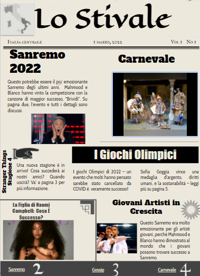 La prima pagina di un giornale italiano creato dal capitolo italiano dell'insegnante Rachel Samyani per l'uso nel distretto scolastico di Union Endicott.