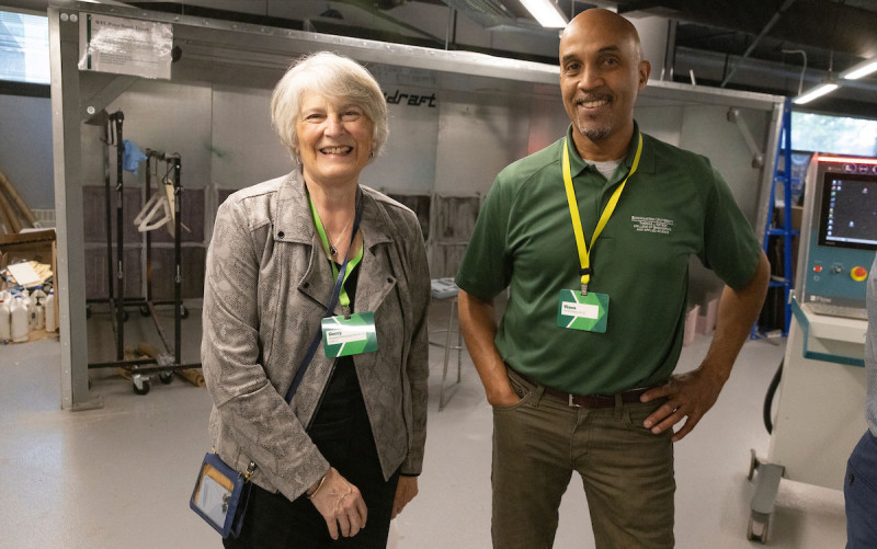 Geraldine MacDonald visited Watson College's Fabrication Lab during the kickoff for Binghamton University's Excelerate fundraising campaign in 2022. At right is Director of Watson College Engineering Laboratories Vince Brady.