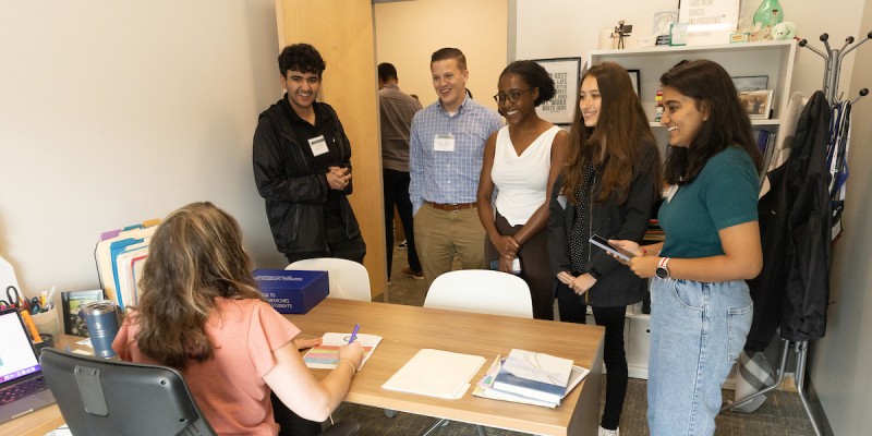 New students at the School of Pharmacy and Pharmaceutical Sciences attend orientation Monday, Aug. 22, 2022. Dante Mento, Benjamin Whitman, Stephanie Appiah, Hailey Goudy and Kavisha Patel, who form team 