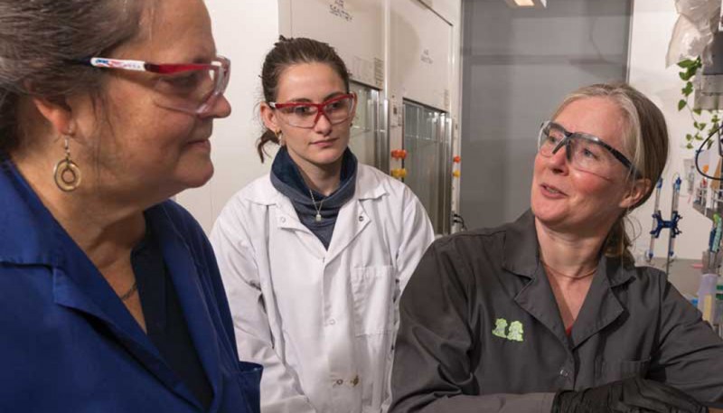 Assistant Professor Katie Edwards, right, in her lab with research technician Patricia Wolfe, in blue, and undergraduate Sarah Matesic, a chemistry student in Harpur College of Arts and Sciences.