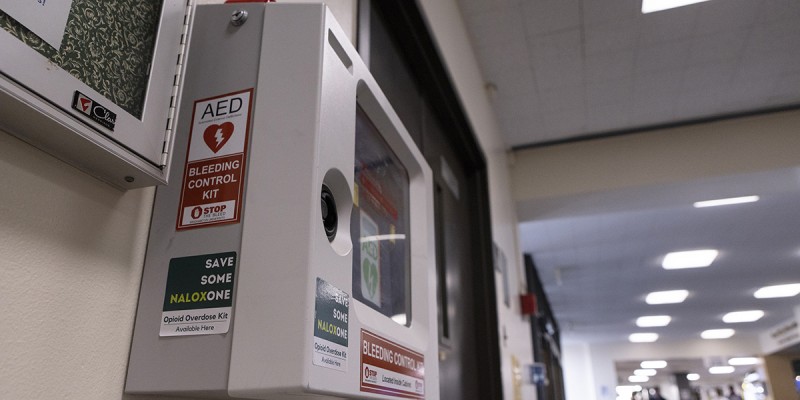 One of 146 life-safety equipment stations across campus that now include naloxone (NARCAN®) in addition to automated external defibrillators (SEDs) and Stop the Bleed kits.