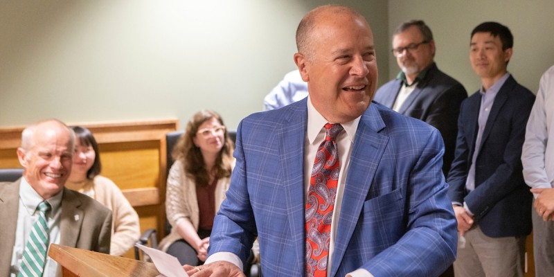 John Mirabito speakers at the celebration of the generosity of he and his wife, Cheryl, at the dedication of the Krishnaswami “Hari” Srihari Executive Boardroom in the Engineering Building, Friday, April 21, 2023.