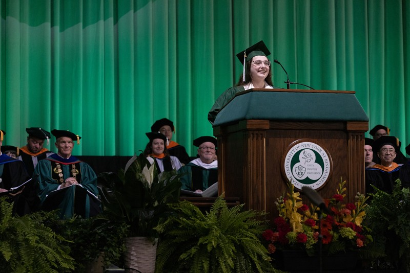 Catriona Huber '23, an electrical engineering major, offered encouragement to her classmates at the 2023 Commencement for the Thomas J. Watson College of Engineering and Applied Science.