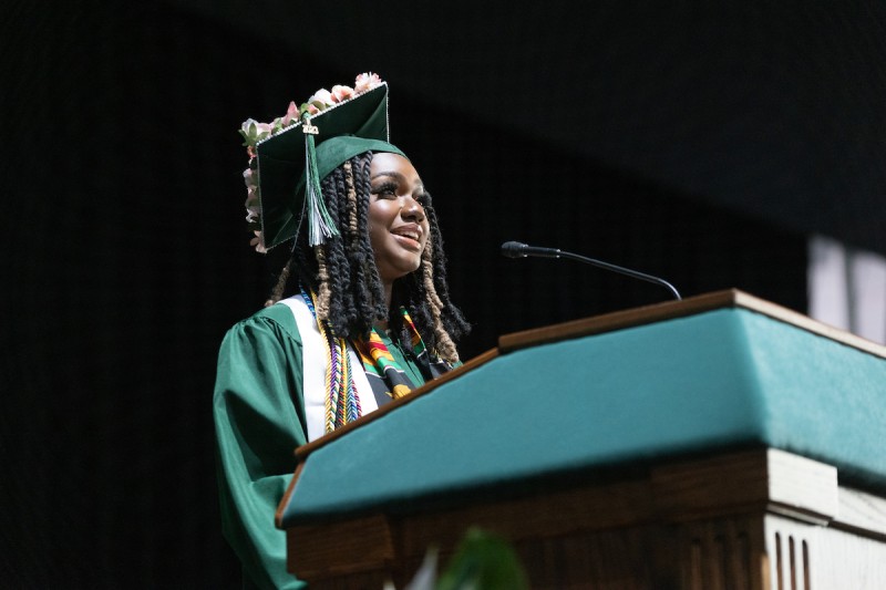 Bryana Thompson ’23 talked about her experiences as a student in the Thomas J. Watson College of Engineering and Applied Science during Commencement in May.